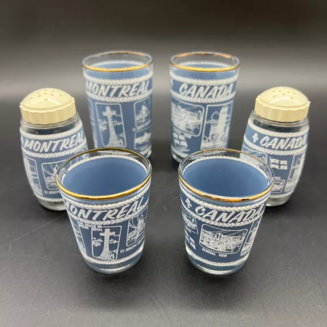 Montreal Canada Souvenir Shot Glass Salt & Pepper Shaker Set Blue White Federal