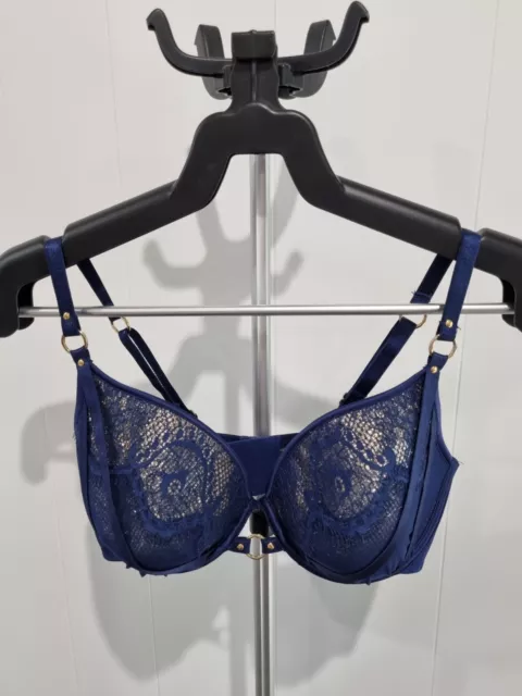 Bras N Things Vamp Bra Size 12E 34E Navy Blue & Metallic Gold Lace Like New