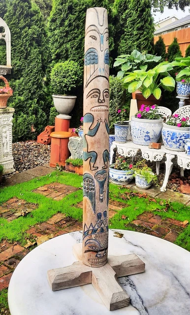 20" GARDEN TOTEM POLE vtg pacific tribal art statue wood carving eagle bear