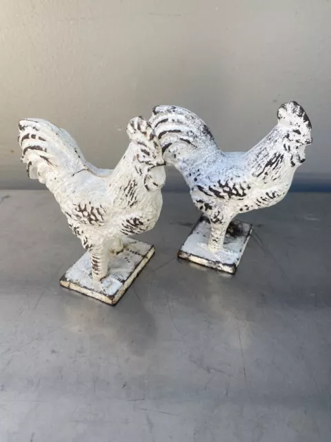 One Pair Of Decorative Cast Iron / Metal Chickens Hens Roosters