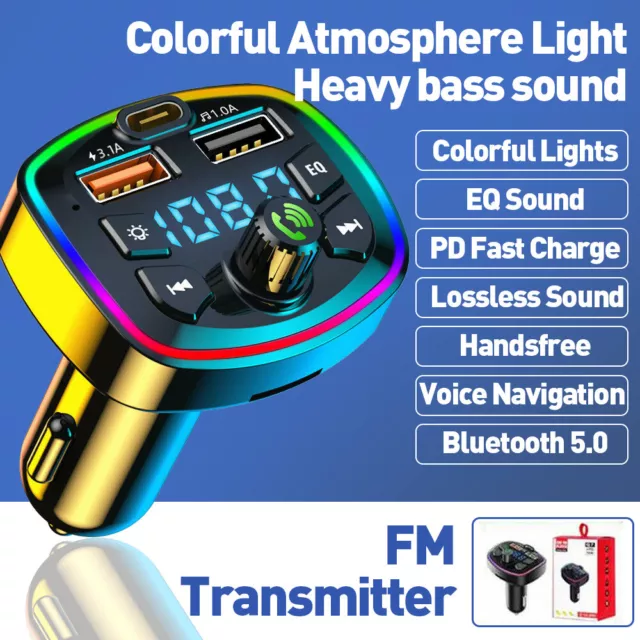 Bluetooth 5.0 Car FM Transmitter Dual USB PD Fast Charger Radio MP3 Player