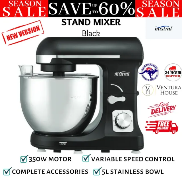 Mistral Stand Mixer 5L Mixing Bowl Stainless Steel w/ Variable Speed 350W Black