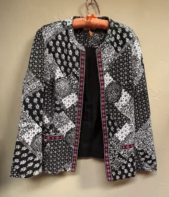 INDIKKA New York Women's Open Front Blazer Jacket L/XL Black White Paisley Boho