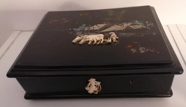 ANCIENNE BOITE A Bijoux Japon Bois Laque Nacre Antique Lacquer Japanese