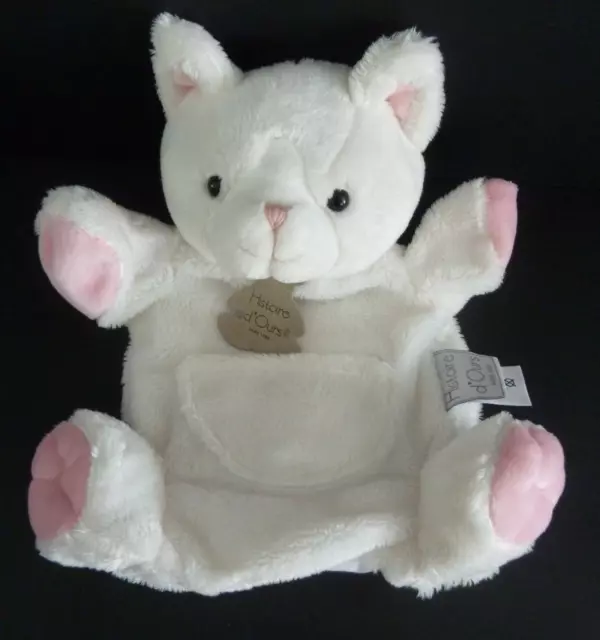 *. Doudou Peluche Marionnette Histoire D'ours Chat Blanc Rose Poche Ho2378 Neuf