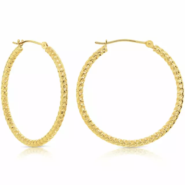 14K Real Solid Yellow Gold Twist Spiral Diamond-Cut Round Hoops Earrings 30mm