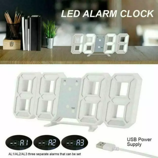 USB LED Digital Table Wall Clock Large 3D Display Alarm Dimmer Clock N9C0