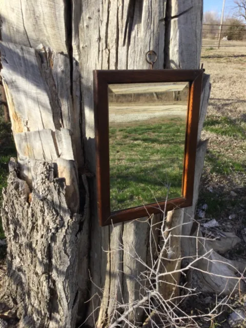 Antique Oak Framed Bevelled Cabin Mirror Old Glass 16 1/4X12 1/4” Rusty Hardware