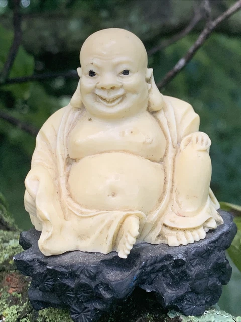 Vintage Miniature Happy Good Luck BUDDHA on Lava Rock Figurine Statue ❤️sj7m4s