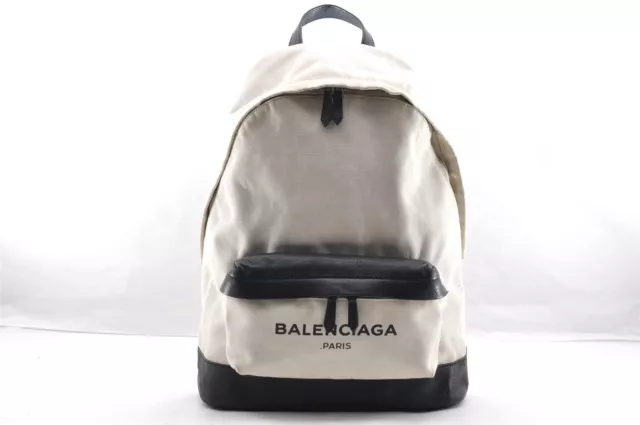 Authentic BALENCIAGA Navy Backpack Vintage Canvas Leather 392007 White 5735I 2