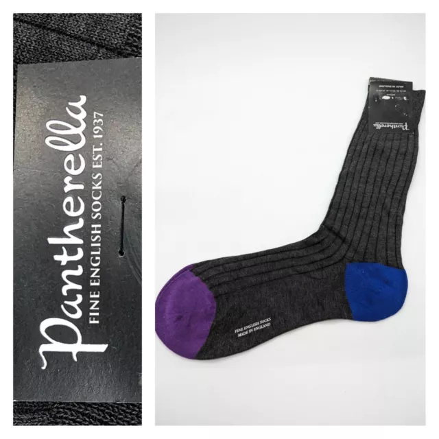 NWT Pantherella Portobello Rib Sock Dark Grey Contrast ToeHeel Purple Blue Sz M