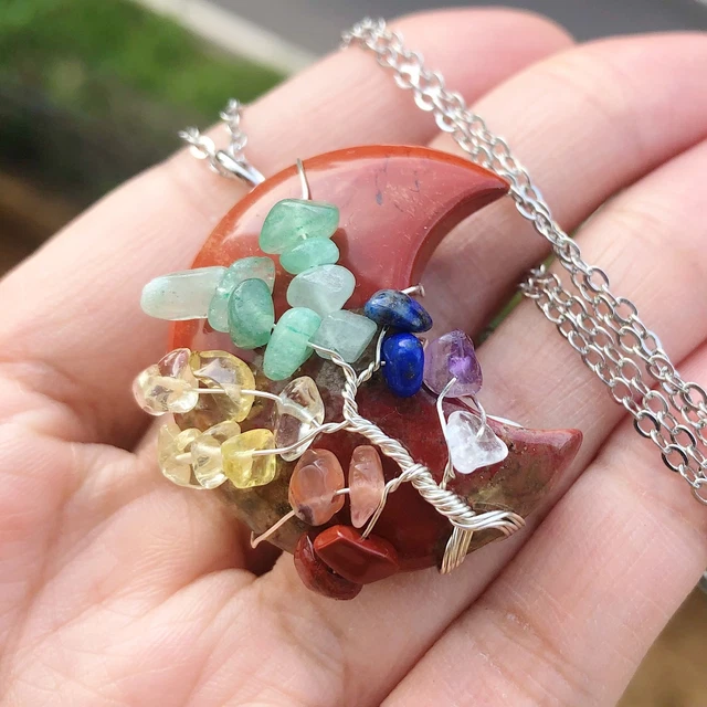 Flame Jasper Gem Stone Tree Of Life Moon Necklace Chakra Reiki Healing Amulet