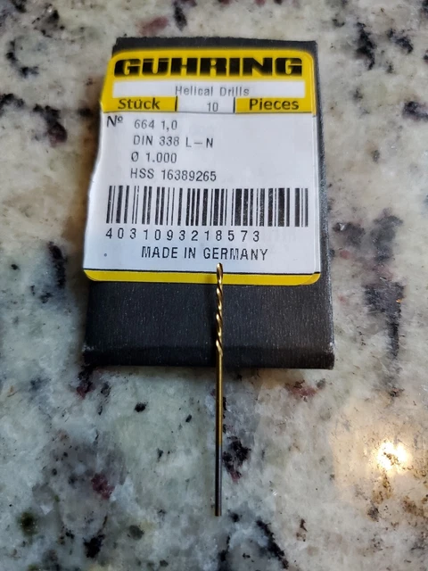 Guhring ‎1mm Dia-HSS Left Hand Jobber Drill-118° Point-TiN  *1 SINGLE BIT*