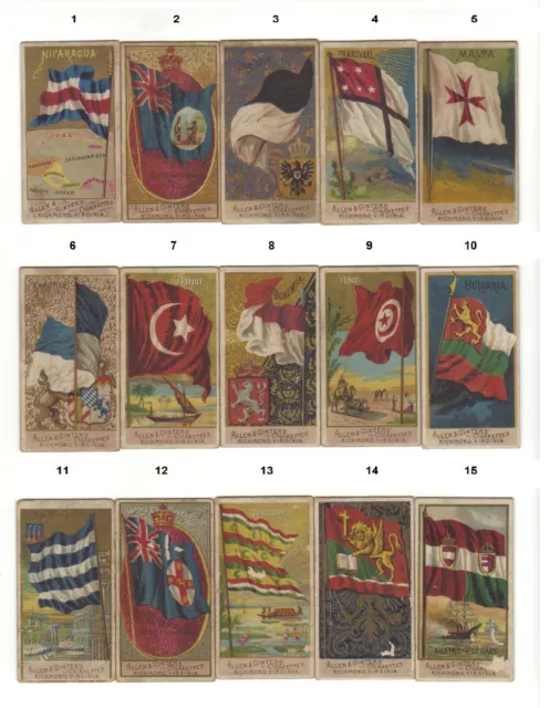 N10 Allen & Ginter Tobacco Cards - Flags of All Nations - 15 to Choose From