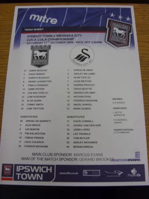 17/10/2009 Colour Teamsheet: Ipswich Town v Swansea City  (folded). Bobfrankande