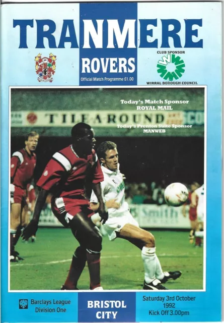 Tranmere Rovers Home Football Programme - Versus Bristol City  3rd October 1992