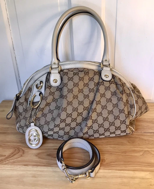 Gucci Tan Ivory GG Monogram Logo Sukey Handbag Medium 2 Way Shoulder Tote Bag Gucci Tan Ivory GG Monogram Logo Sukey Handbag Medium 2 Way Shoulder Tote Bag