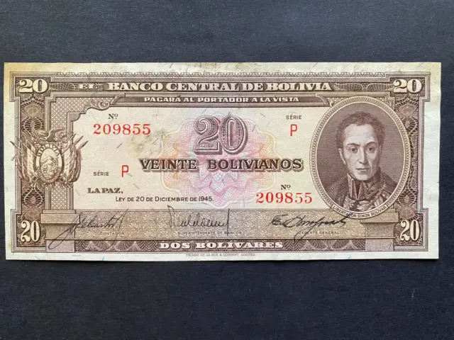 BOLIVIA, 1945, Billete Banco Central de Bolivia, VEINTE BOLIVIANOS, Serie P, Cir