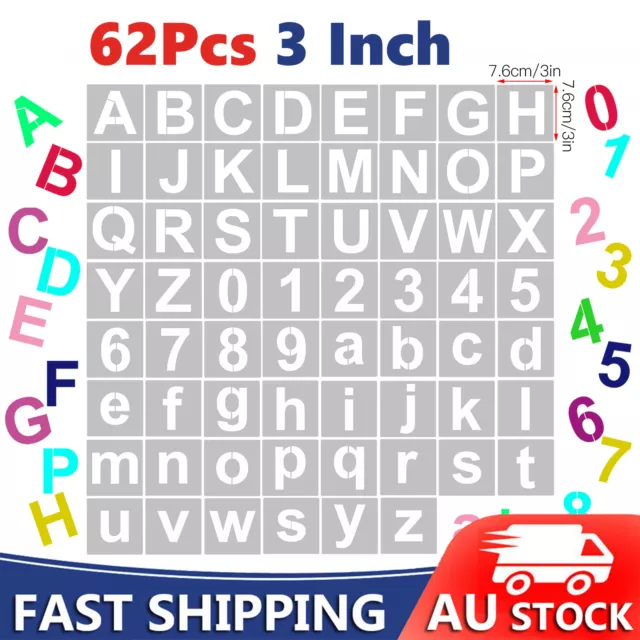 62Pcs 3" Stencils Letter & Number Template Reusable Washable Alphabet Stencils