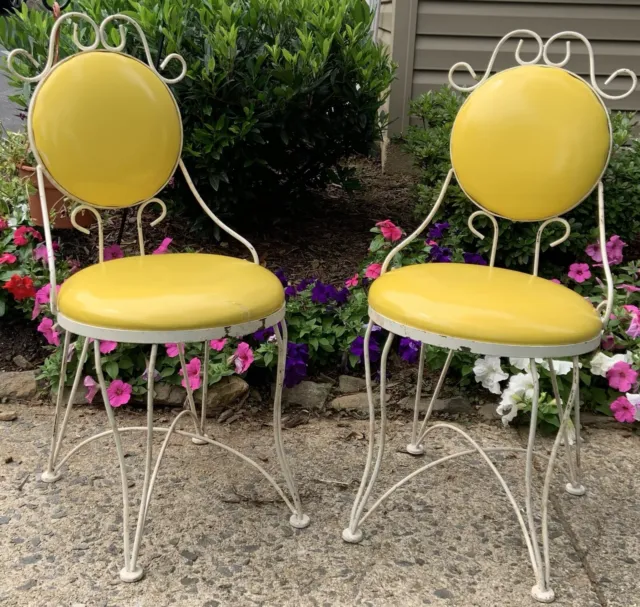 Rare Vintage Chairs - White Wrought Iron & Yellow Vinyl -Hollywood Regency Style