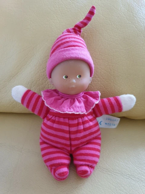 Petite Poupée doudou Hochet Peluche Corolle Rose Rayé Rouge 2008 env 15 cm