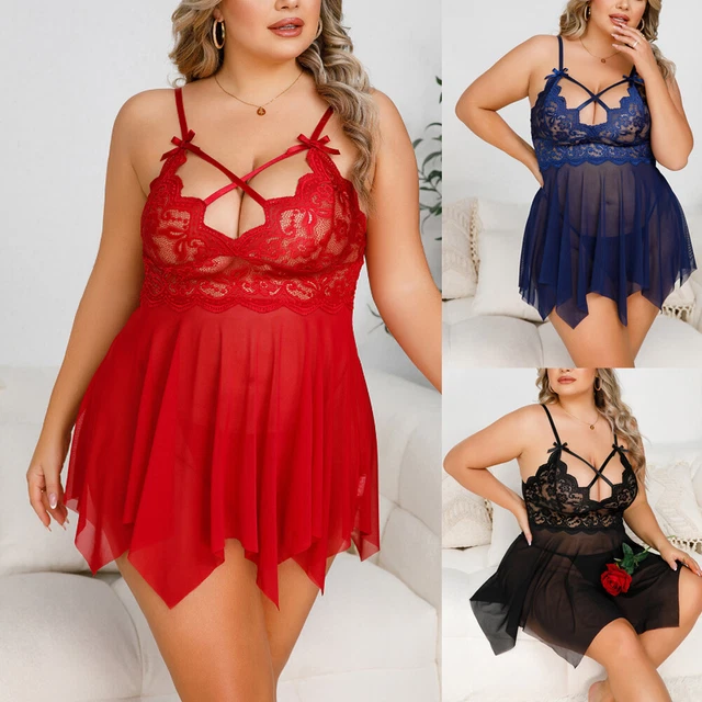 Women Sexy Lace Lingerie V Neck Teddy Babydoll Dress Set Nightgown Sleepwear US