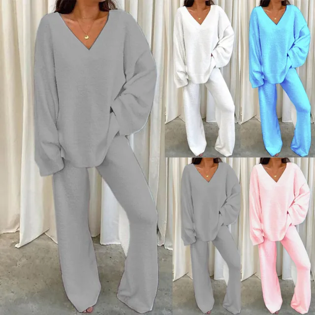 Womens Teddy Fleece Fluffy Pyjamas Baggy Tops Pants Nightwear Tracksuit Lounge