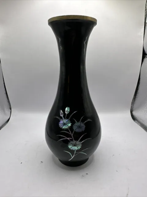 Unbranded Vintage Japanese Cloisonne Black Vase W/ Silver Flowers &  Brass Trim