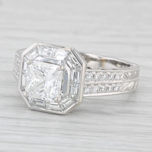 New 2.39ct Diamond Halo Engagement Ring 18k White Gold Size 7.75 GIA
