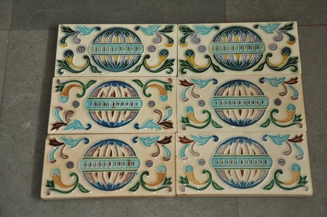 6 Pc Vintage Decorative Colorful Flower & Ball Embossed Ceramic Tiles,Japan