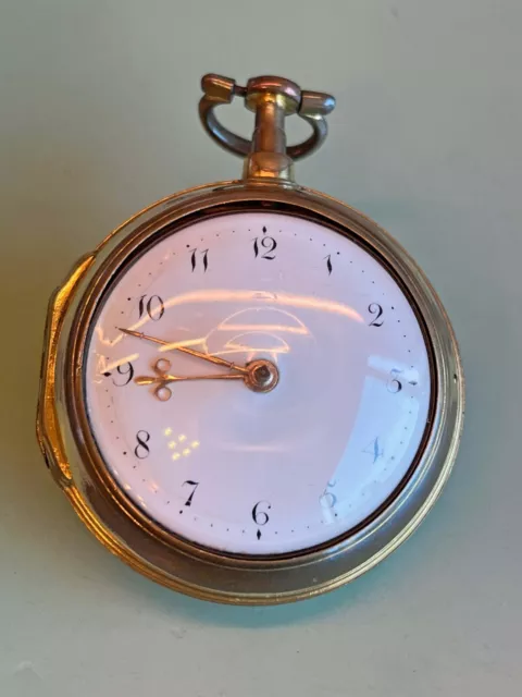 Antique Gilt Pair Case Verge Pocket Watch with chain & key 2