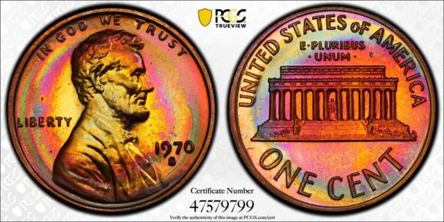 PR67RB 1970-S 1C Lincoln Memorial Proof Cent, PCGS Trueview- Vivid Rainbow Toned