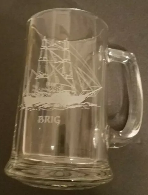 Long John Silvers Etched Glass SHIP Beer Mug - Brig with history info 1990's