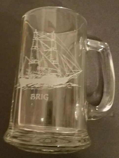 Long John Silvers Etched Glass SHIP Beer Mug - Brig with history info 1990's