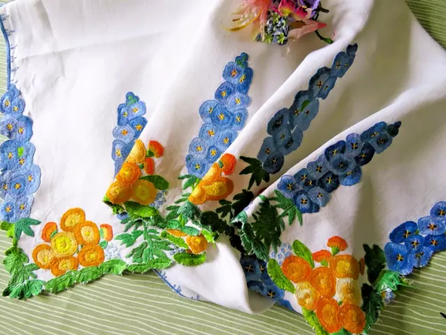 Vintage Hand Embroidered Linen Tablecloth- Beautiful Flowers/Unusual Design