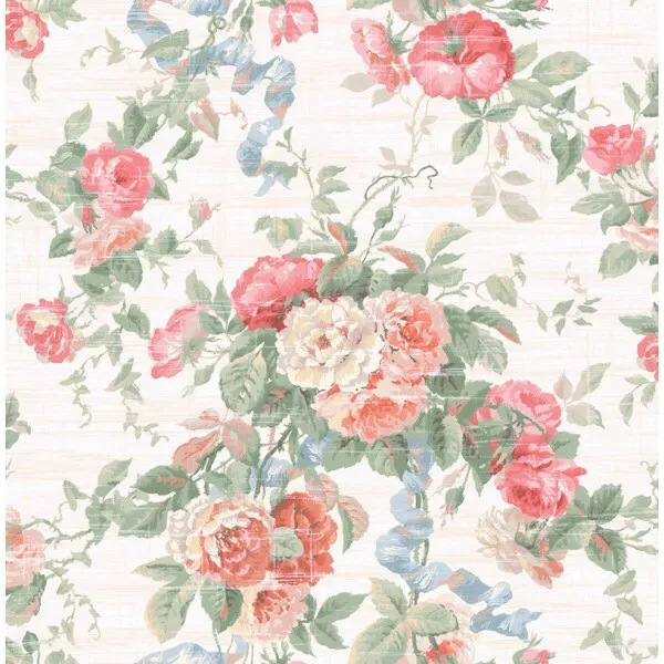 Wallpaper Coral Pink Red Green Rose Floral with Blue Ribbon  , 56 sq ft / bolt