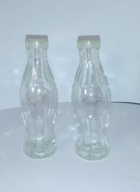 2 Vintage Clear Glass Coca Cola Bottles Plastic Lids Coke Salt & Pepper Shakers