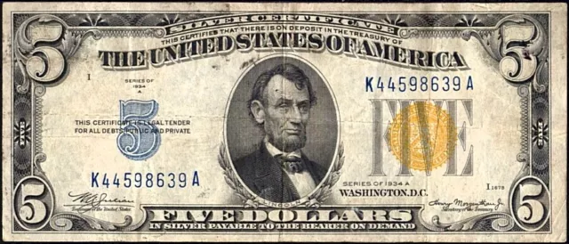 $5 Five Dollar 1934 A Silver Certificate FR 2307 Yellow Seal North Africa WWII