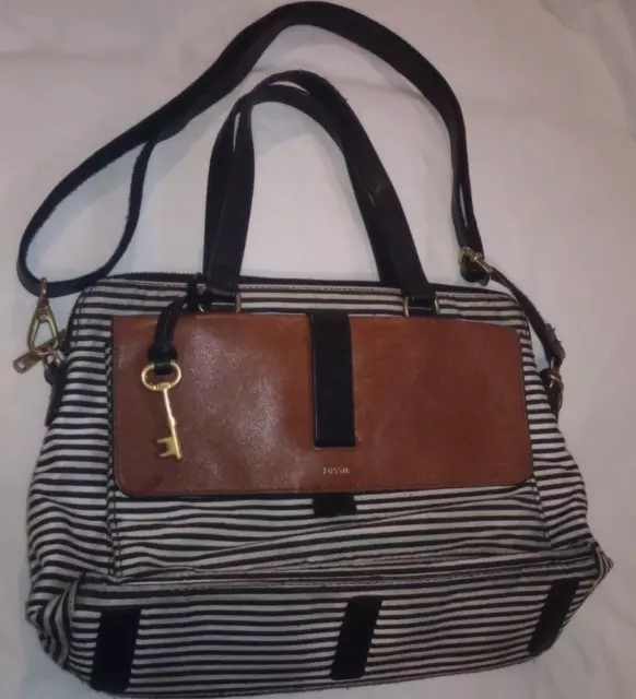 Fossil Kinley Striped Cotton/Leather Crossbody Satchel