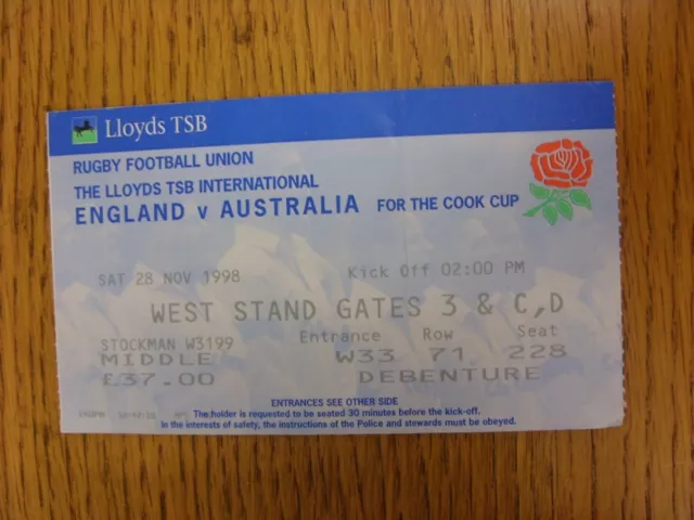 28/11/1998 Rugby Union Ticket: England v Australia [At Twickenham] (Slight Fold)