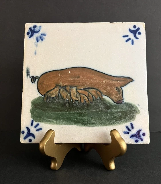Antique Tile Trivet Hand Painted Pig & Piglets Lisboa Portugal Fabrica Santana