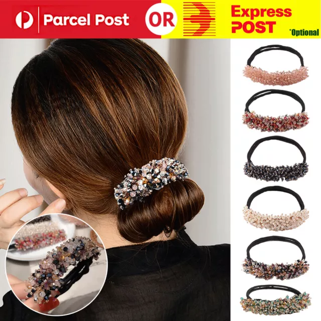 Women Fashion Elegant Hair Bun Maker Rhinestone Glass Beads Magic Hair Curler AU