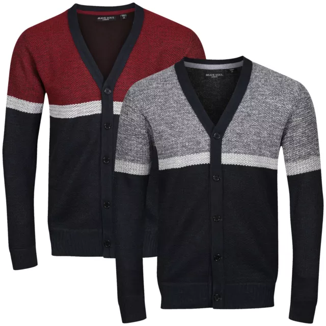 Mens Cardigan Knit Long Sleeve Button Up Jumper Warm Top V Neck Contrast Sweater