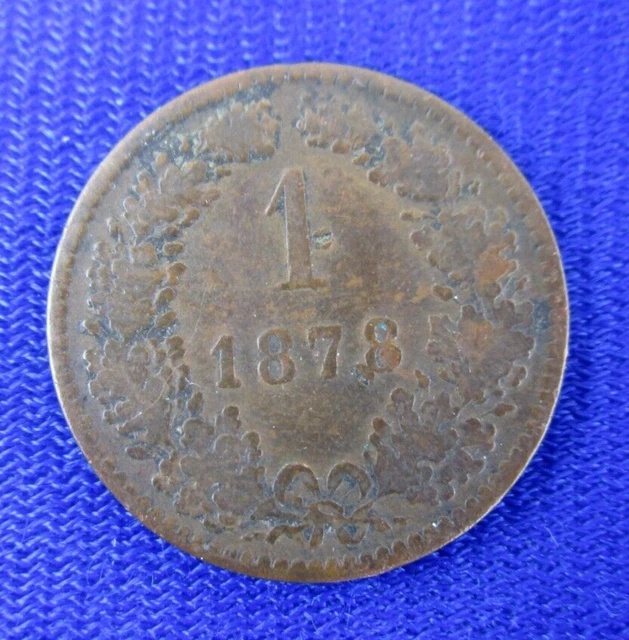 1878 Austrian Empire One Kreuzer Copper Coin
