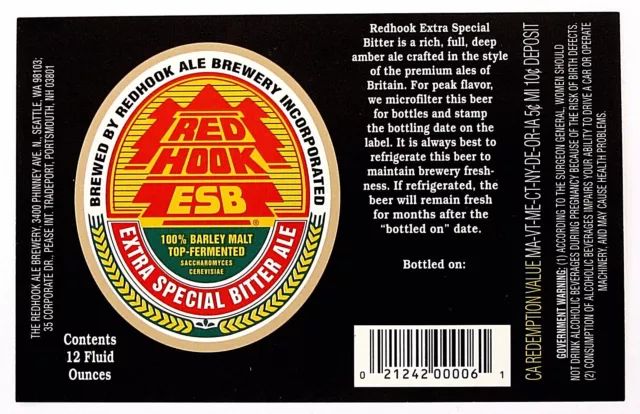 Redhook Ale Brwy REDHOOK ESB -EXTRA SPECIAL BITTER ALE label WA 12oz  Var. #4