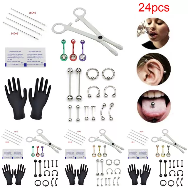 24pcs Professional Body Piercing Tool Kit Ear Nose Navel Nipple Needles Set J-wf