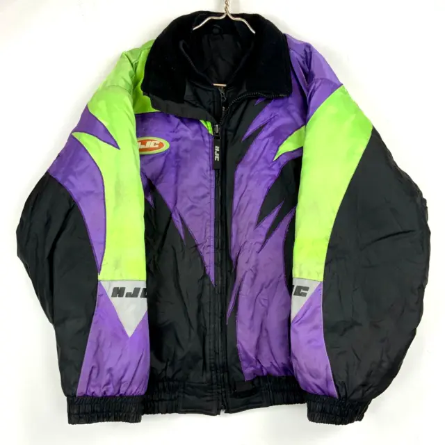 Vintage Hjc Snowmobile Racing Puffer Bomber Jacket Size Large Black Insulated