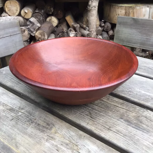 Large Vintage Hand Turned Possibly Teak Wood Serving Fruit Bowl 12” Diameter