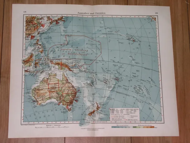 1928 Vintage Map Of Oceania Pacific Australia New Zealand Bismarck Archipelago