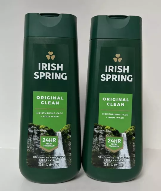 Lote de 2 Irish Spring 24 Horas Fresco ORIGINAL LIMPIO Aroma Cara/Cuerpo Lavado-20oz Nuevo con Etiquetas